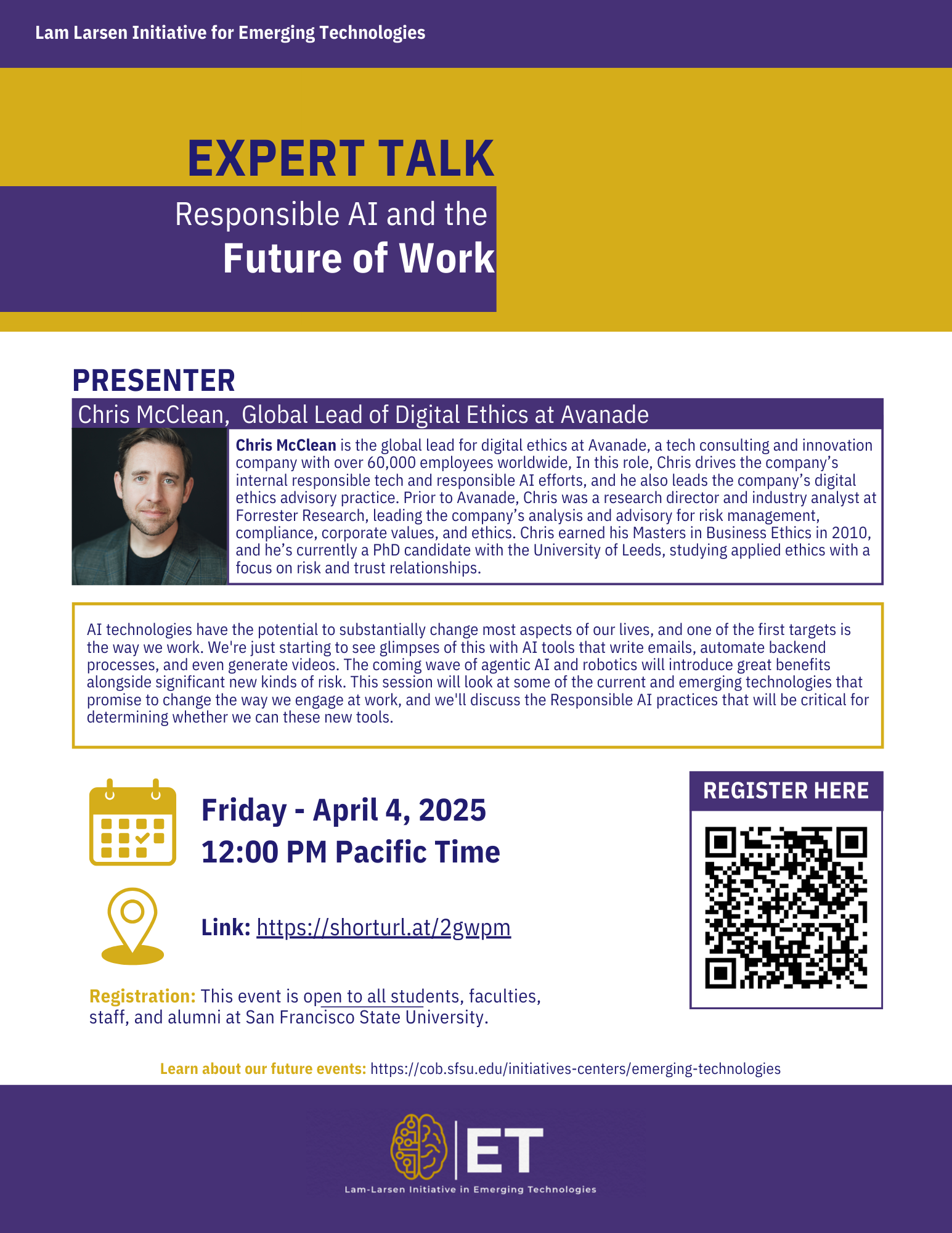 flyer for Expert Talk - The Future of Work- AI, Robotics, and Responsible AI Practices