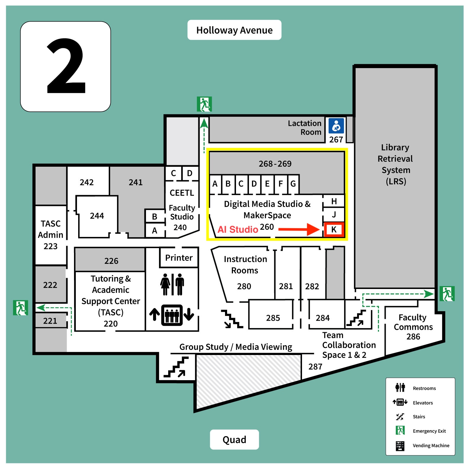 map of J. Paul Library, second floor, with DMS and AI room highlighted