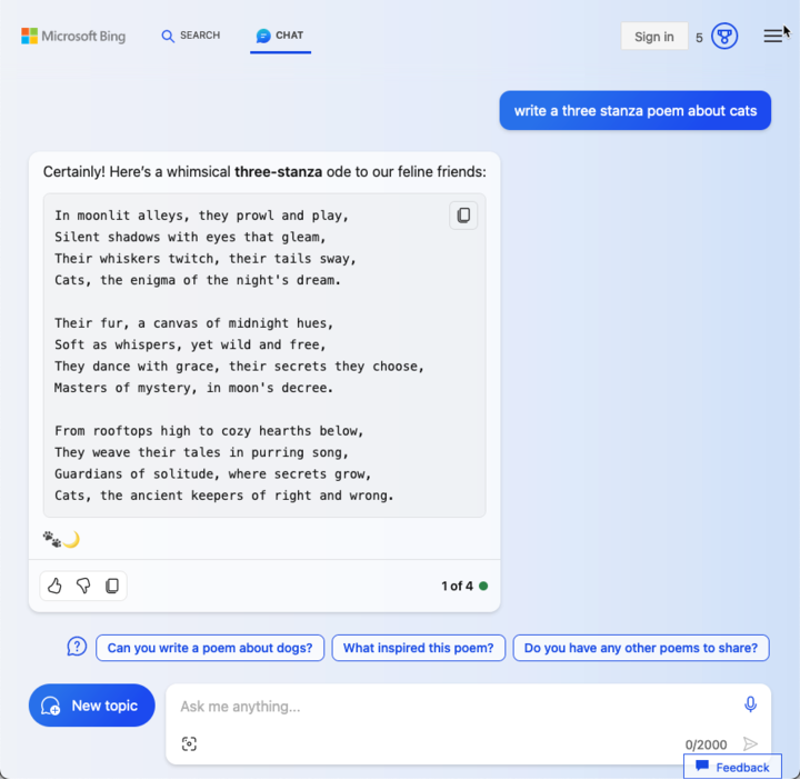 Bing Chat interface prompted to write a three stanza poem about cats