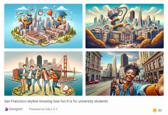 AI Generated images with four panes showing SF State students having fun in San Francisco