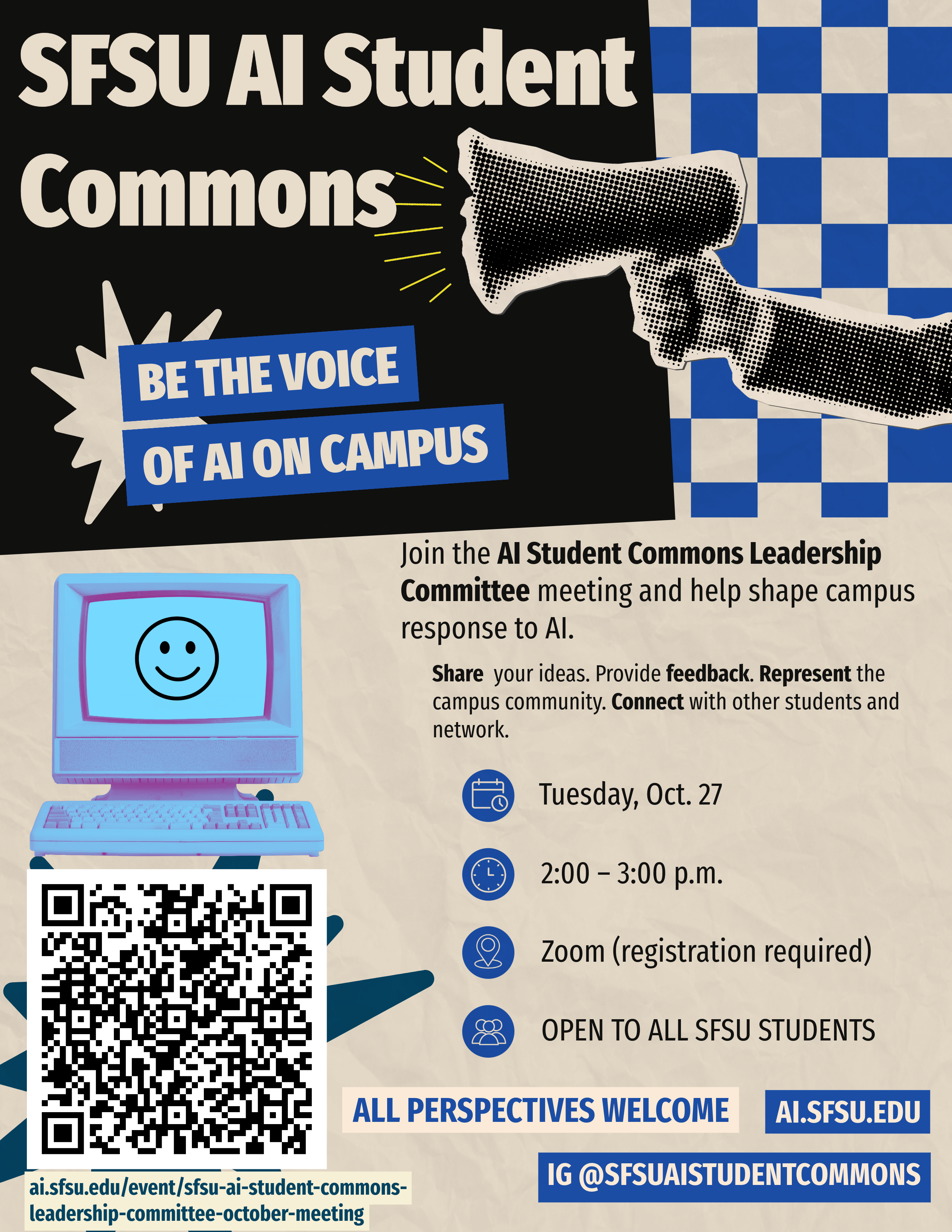 SFSU AI Student Commons Leadership Committee meeting Tuesday, October 27 at 2 p.m. via Zoom