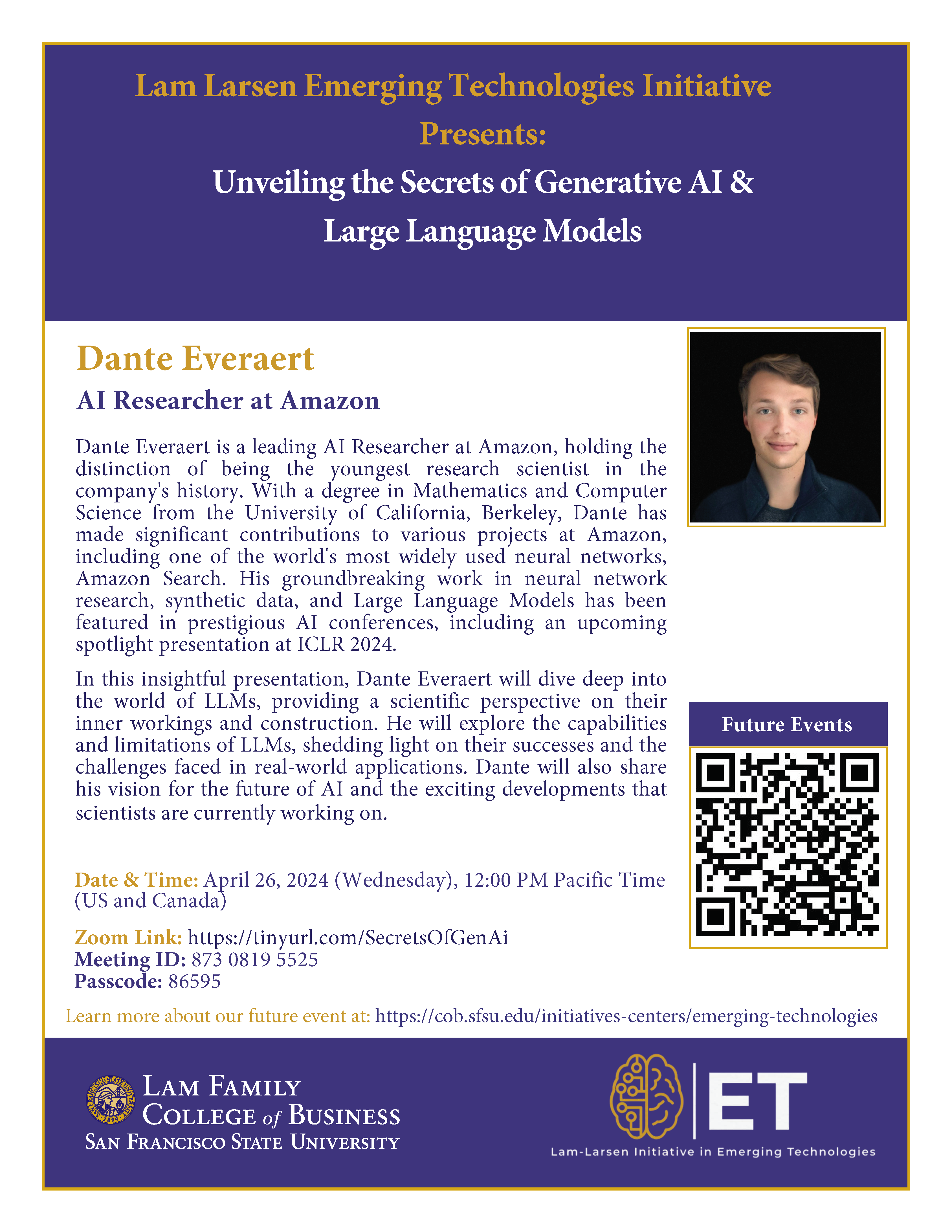 flyer for lfcob event secrets of gen ai and llms featuring Dante Everaert