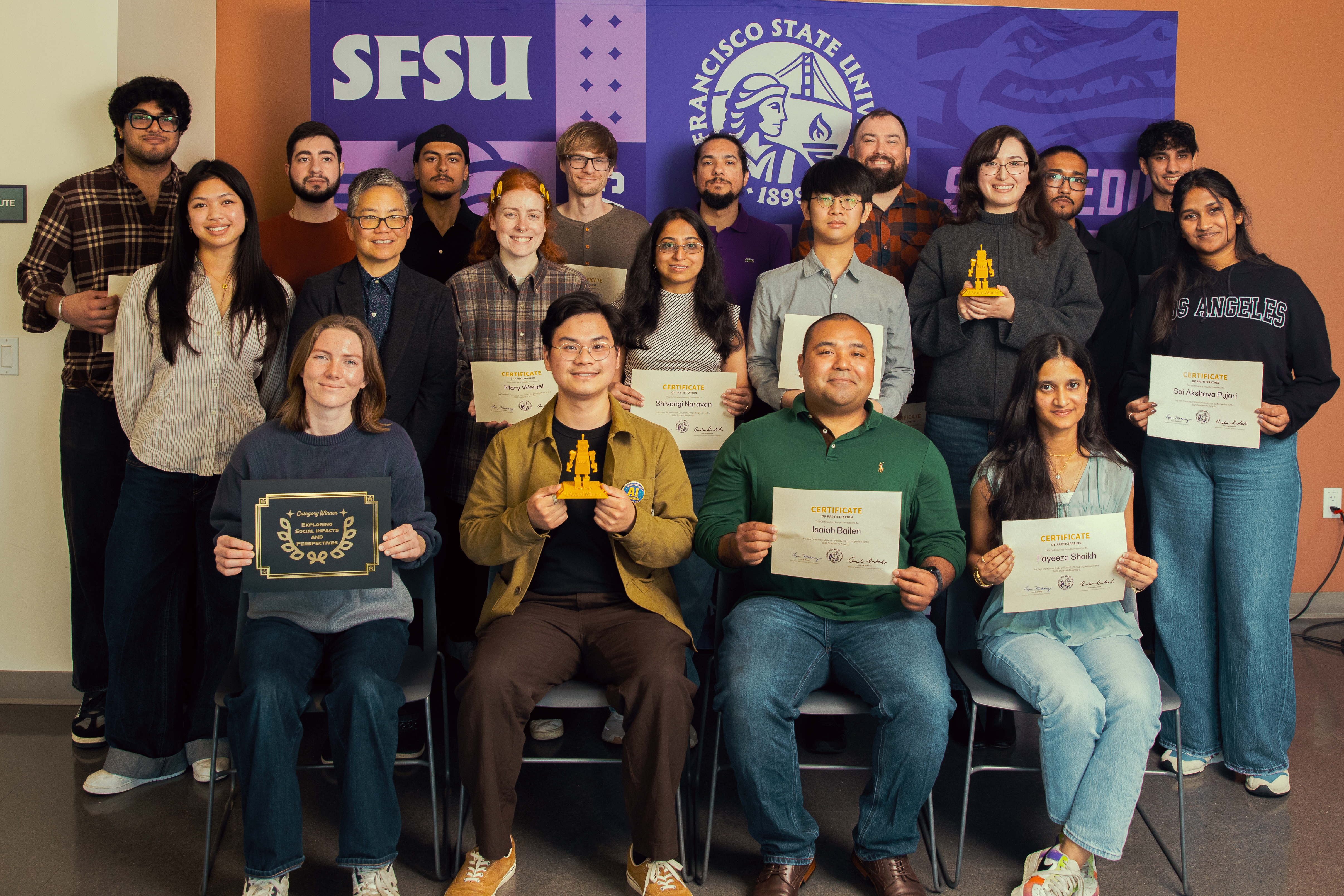 Participants pose in a group at the 2026 SFSU Student AI Awards