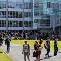 crowds of students outside the j paul leonard library