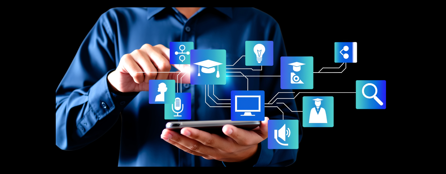 headless person with education icons flowing around their hands