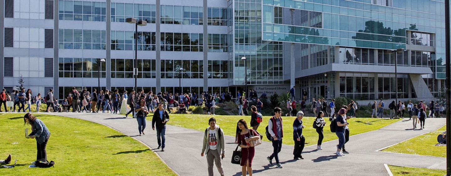 crowds of students outside the j paul leonard library