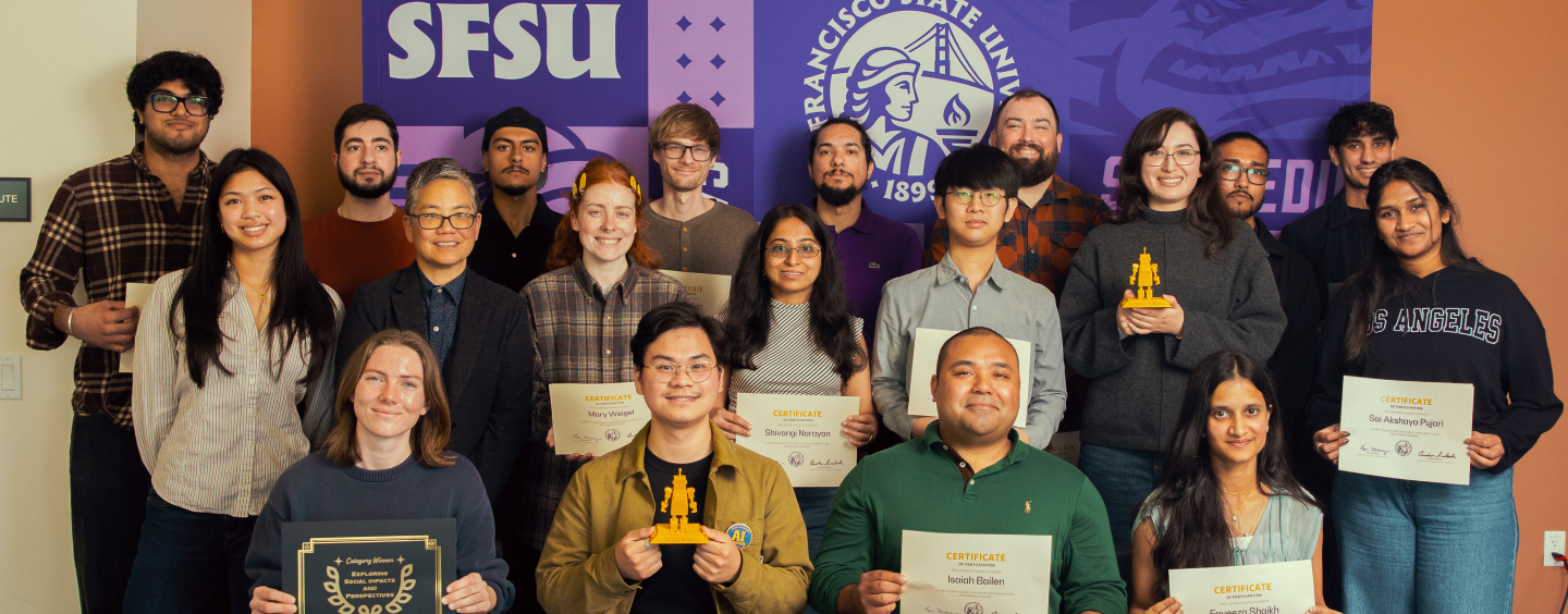 Participants pose in a group at the 2026 SFSU Student AI Awards