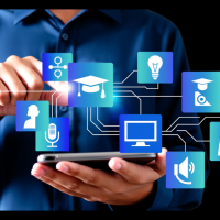 headless person with education icons flowing around their hands