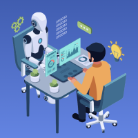 student seated across a desk from a robot