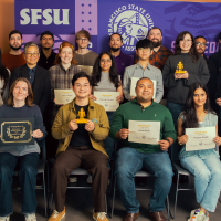 Participants pose in a group at the 2026 SFSU Student AI Awards