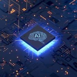 stock image of computer circuitry with a glowing chip that reads "AI" in the center