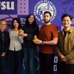Provost Amy Sueyoshi and the BlueCore AI Team (Kataliya Sungkamee, Giovanna Gomez, John Tatlonghari, and Arman Daghbashyan) at the 2026 SFSU Student AI Awards