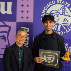 Provost Amy Sueyoshi and Kareem Amin at the 2026 SFSU Student AI Awards