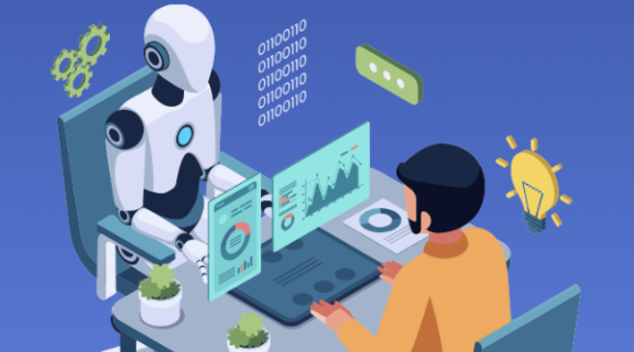 student seated across a desk from a robot